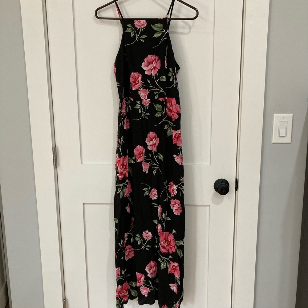 Large Black Maxi Dress with Pink Flowers